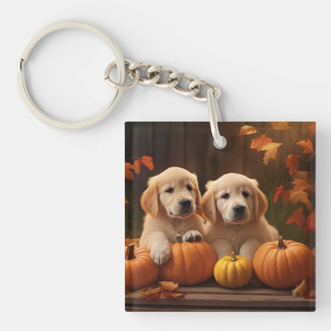 Golden Retriever Puppy Autumn Delight Pumpkin  Key Ring (Front)