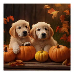 Golden Retriever Puppy Autumn Delight Pumpkin Poster