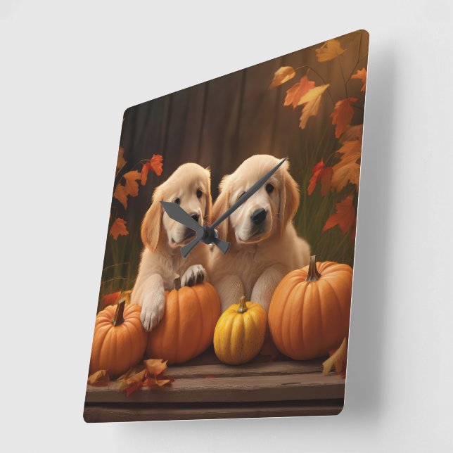 Golden Retriever Puppy Autumn Delight Pumpkin  Square Wall Clock (Angle)
