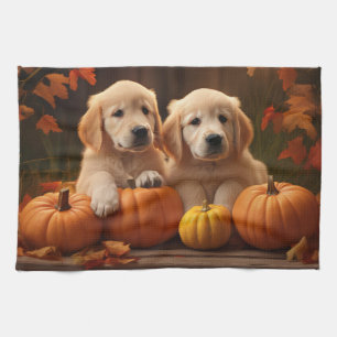 Golden Retriever Puppy Autumn Delight Pumpkin Tea Towel
