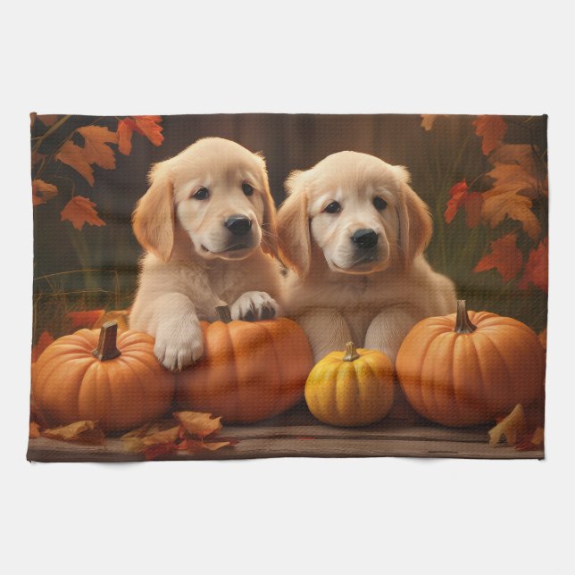 Golden Retriever Puppy Autumn Delight Pumpkin  Tea Towel (Horizontal)