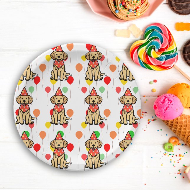 Golden Retriever Puppy Birthday Party Plates (Golden Retriever Puppy Birthday Party Plate.  Cute Cartoon Design for Birthday Party.)