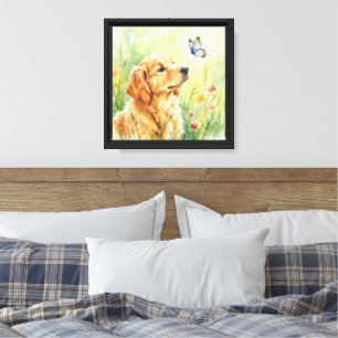 Golden Retriever Puppy & Butterfly Watercolor Art Canvas Print