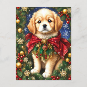 Golden Retriever Puppy Christmas Tree Snowflakes Holiday Postcard