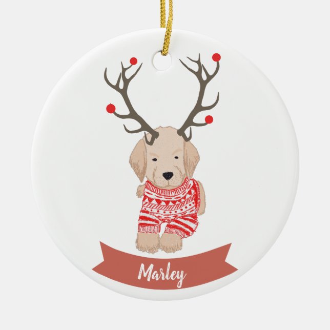 Golden Retriever Puppy Deer Antler Personalised Ceramic Ornament (Front)