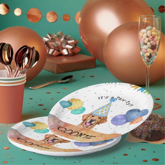 Golden Retriever Puppy Dog Birthday Pawty Paper Plate (Multi)