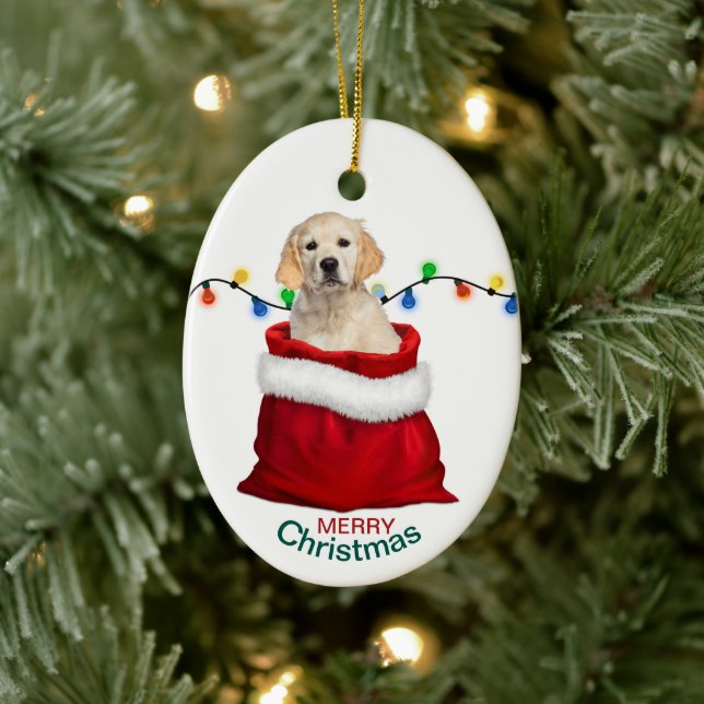 Golden Retriever Puppy Dog in Holiday Gift Bag Ceramic Ornament (Tree)