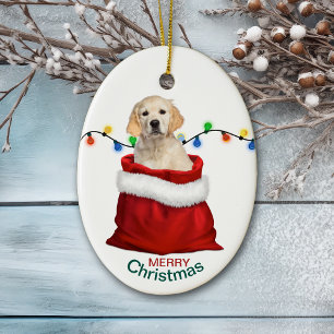 Golden Retriever Puppy Dog in Holiday Gift Bag Ceramic Ornament