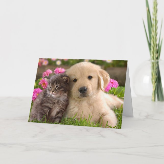 Golden Retriever Puppy Dog & Kitten Love Card (Front)