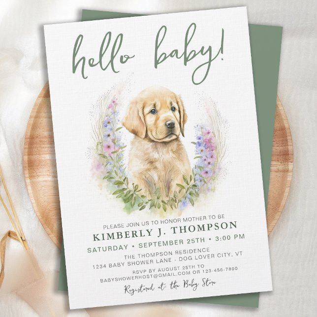 Golden Retriever Puppy Dog Modern Sage Baby Shower Invitation (Creator Uploaded)