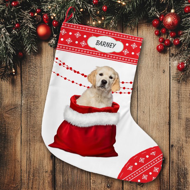 Golden Retriever Puppy Dog Snowflake Border Large Christmas Stocking (Creator Uploaded)
