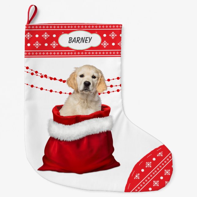 Golden Retriever Puppy Dog Snowflake Border Large Christmas Stocking (Front)