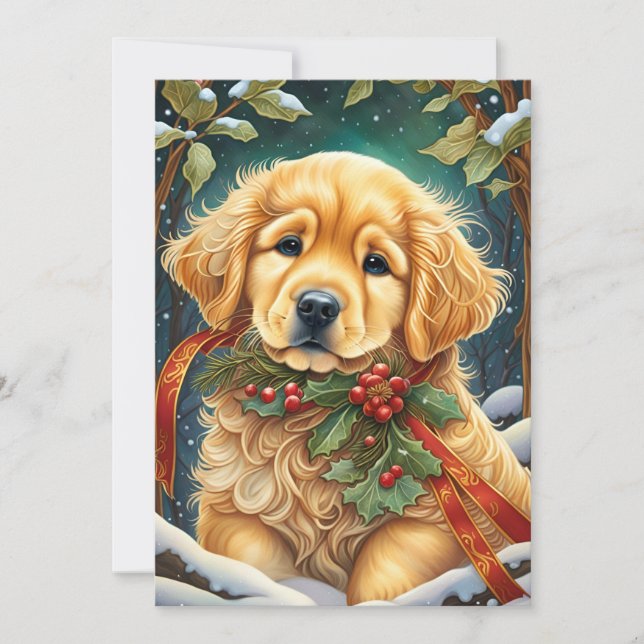 Golden Retriever Puppy Festive Holly Holiday Card (Front)