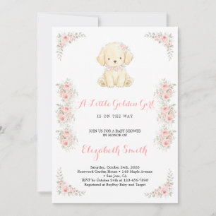 Golden Retriever Puppy & Floral Girl Baby Shower Invitation