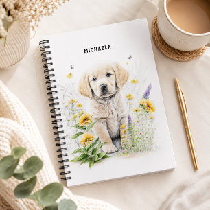 Golden Retriever Puppy Floral Monogram Name Notebook