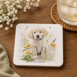 Golden Retriever Puppy Floral Personalised Name Coaster