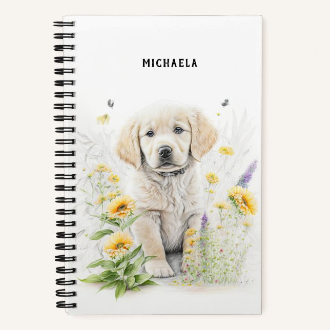 Golden Retriever Puppy Florals Monogram Name Notebook (Front)