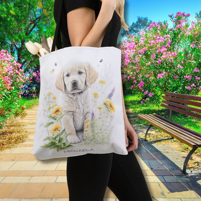 Golden Retriever Puppy Florals Monogram Name Tote Bag (Add name to personalize, matching items available in collection)