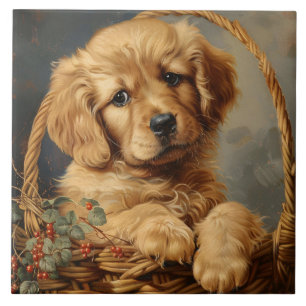 Golden Retriever Puppy in a Basket Ceramic Tile