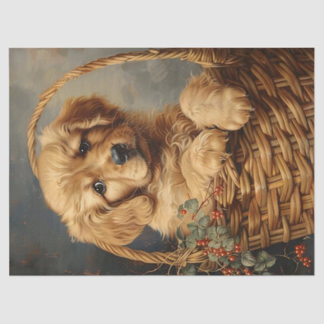 Golden Retriever Puppy in a Basket Decoupage Tissue Paper (Front)
