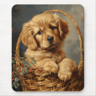 Golden Retriever Puppy in a Basket Mouse Pad