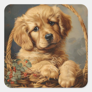 Golden Retriever Puppy in a Basket Square Sticker