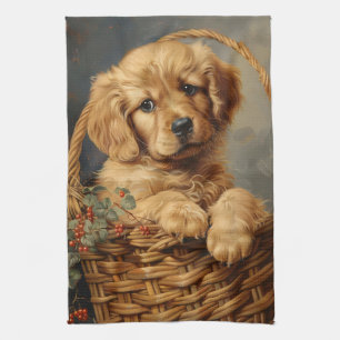 Golden Retriever Puppy in a Basket Tea Towel
