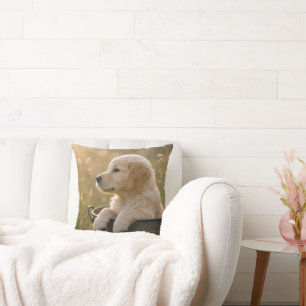 Golden Retriever Puppy in a Metal Bucket Cushion