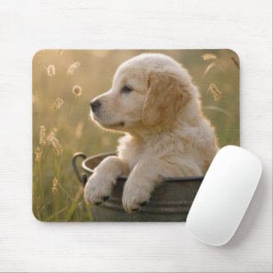 Golden Retriever Puppy in a Metal Bucket Mouse Pad
