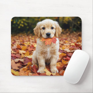 Golden Retriever Puppy in Autumn Leaves Mouse Pad