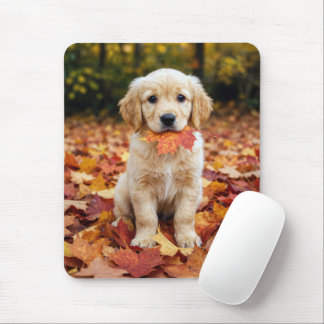 Golden Retriever Puppy in Autumn Leaves Mouse Pad