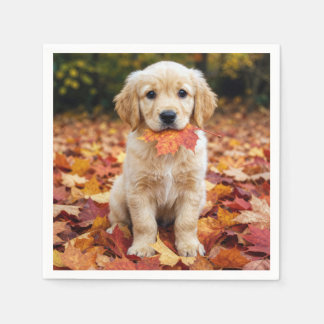 Golden Retriever Puppy in Autumn Leaves Napkin