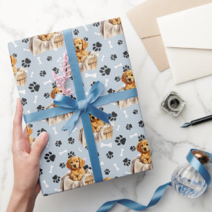 Golden Retriever Puppy in Basket Paw Print  Wrapping Paper