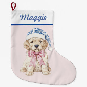 Golden Retriever Puppy in Blue Damask Santa Hat Large Christmas Stocking