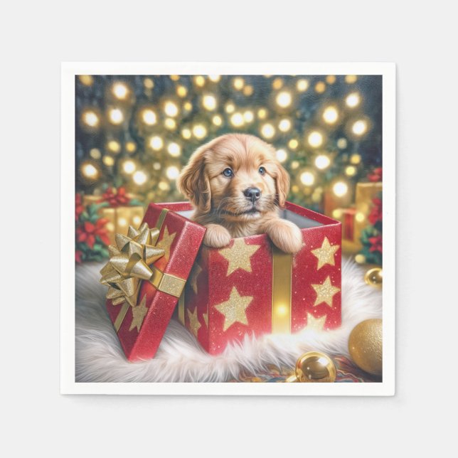 Golden Retriever Puppy in Christmas Box Napkin (Front)