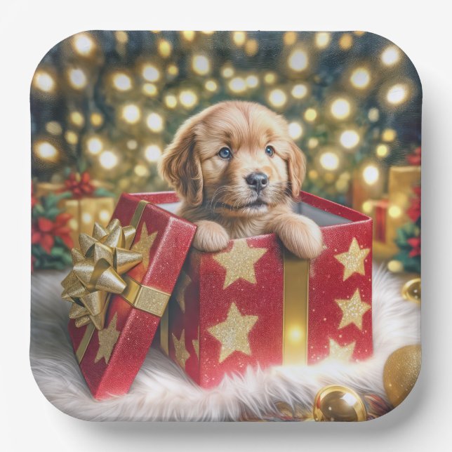 Golden Retriever Puppy in Christmas Box Paper Plate (Front)