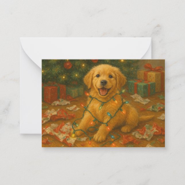 Golden Retriever Puppy in Christmas Lights Card (Front)