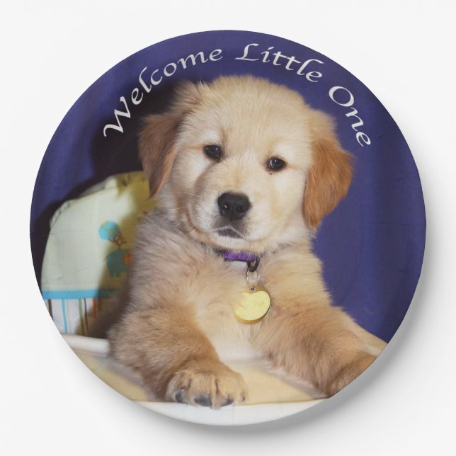 Golden Retriever Puppy in Highchair Baby Welcome Paper Plate (Front)