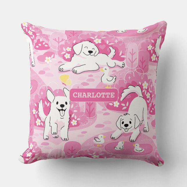 Golden Retriever Puppy in Pink Garden Cushion (Front)