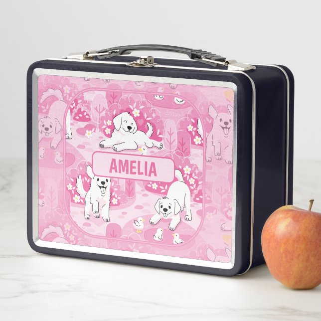 Golden Retriever Puppy in Pink Garden Metal Lunch Box (In Situ)