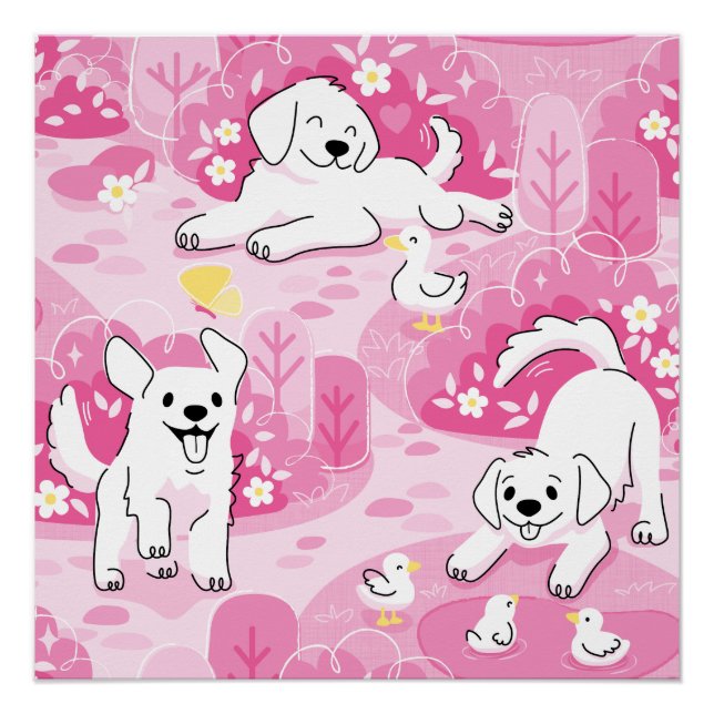 Golden Retriever Puppy in Pink Garden Poster (Front)