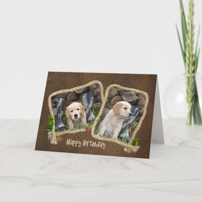 golden retriever puppy in rope frame birthday card (Front)
