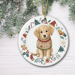 Golden Retriever Puppy in Winter Sweater Christmas Ceramic Ornament