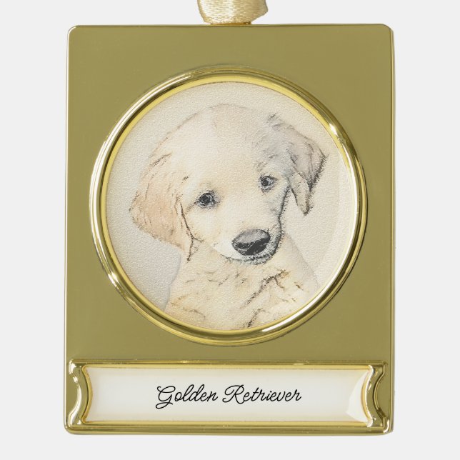 Golden Retriever Puppy Painting - Original Dog Art Gold Plated Banner Ornament (Front)