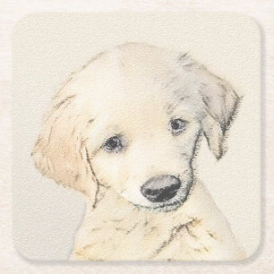 Golden Retriever Puppy Painting - Original Dog Art Square Paper Coaster