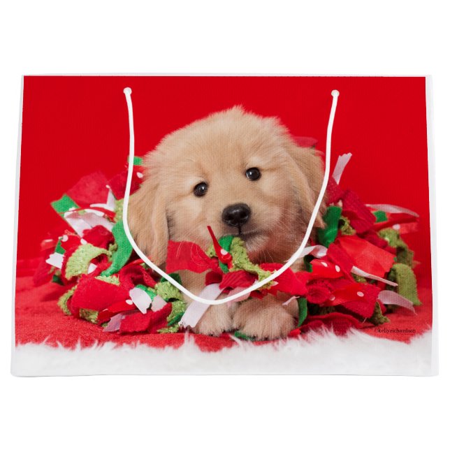 Golden Retriever Puppy Play in Holiday Garland Large Gift Bag (Front)