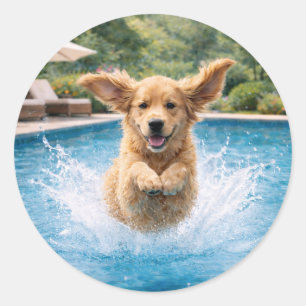 Golden Retriever Puppy Pool Plunge Classic Round Sticker