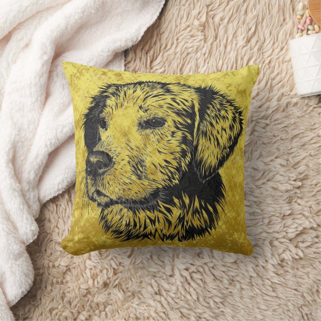 Golden retriever puppy portrait in black and gold cushion (Blanket)