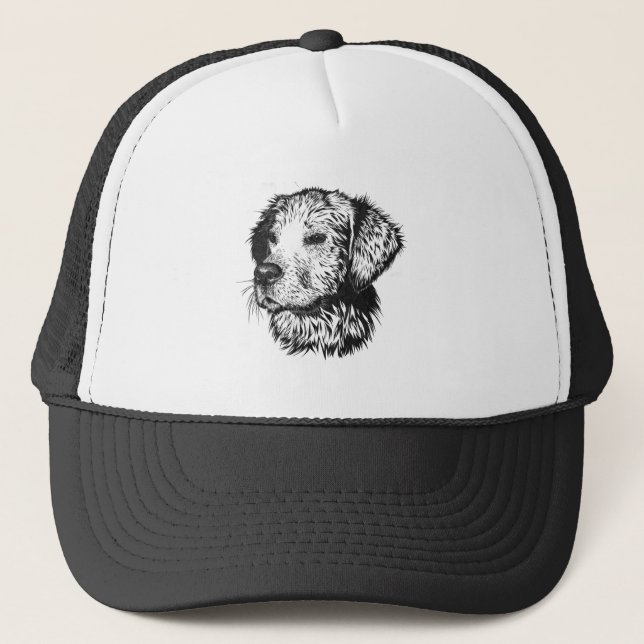 Golden retriever puppy portrait in black and white trucker hat (Front)