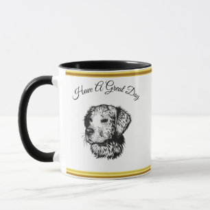 Golden retriever puppy portrait with gold foil mug